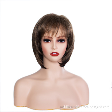 Wholesale good quality cheap air bangs full head wig short straight brown bob natarul style synthetic hair wigs for women